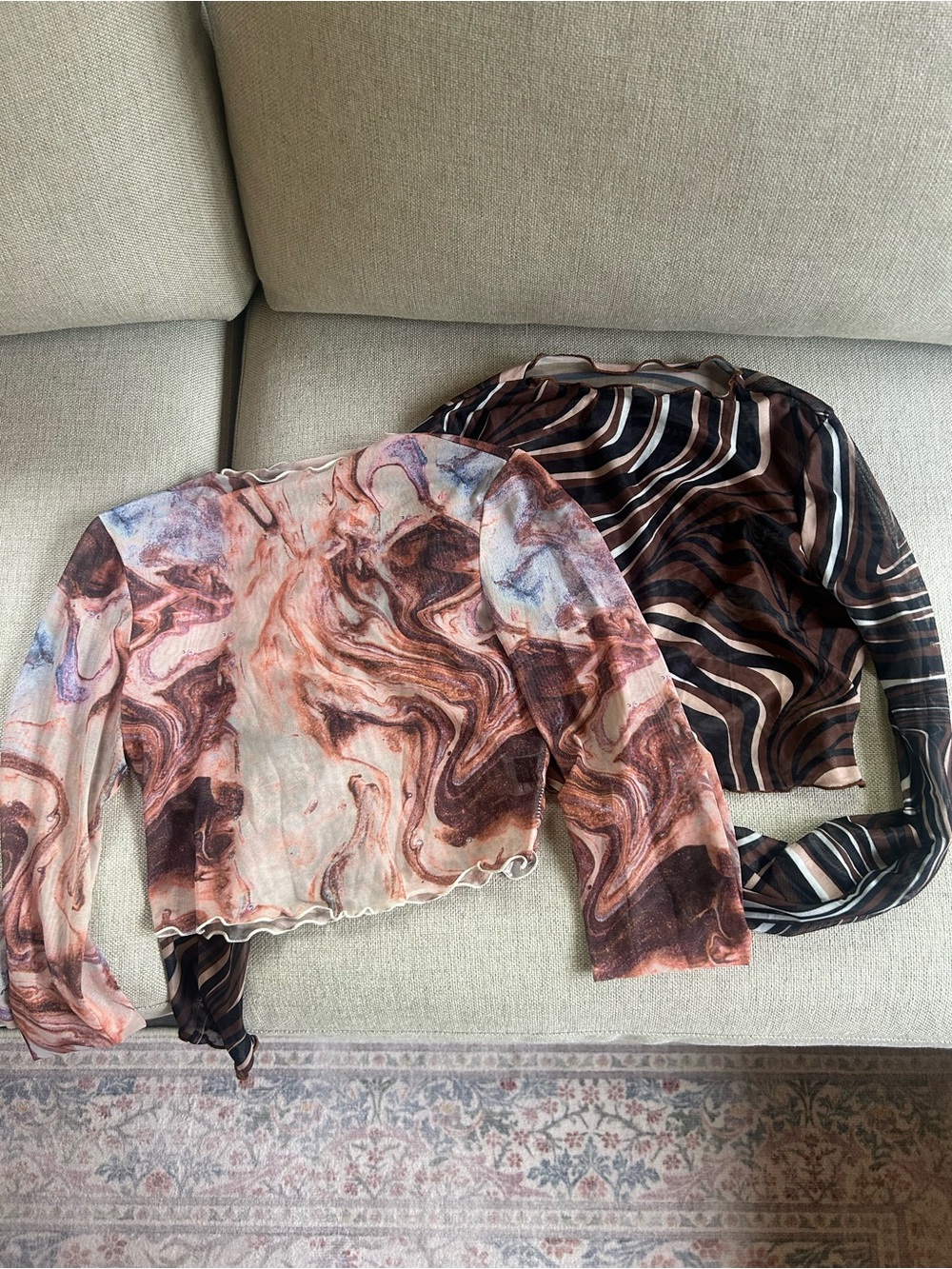 SHEIN Bundle Marble-Print and Striped Print Sheer Long Sleeve Tops